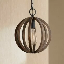 Allier 10" Wide Weathered Oak Wood Mini Pendant