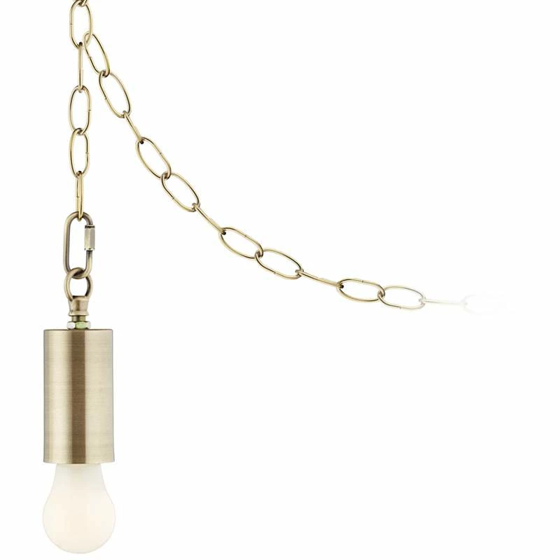 Antique Brass Plug-In Hanging Swag Chandelier With Frosted A19 LED Bulb 3 Antique Brass Plug-In Hanging Swag Chandelier With Frosted A19 LED Bulb