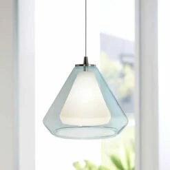 AFX Armitage 10"W Satin Nickel LED Mini Pendant With Aqua Glass