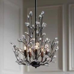 Aurine 18" Wide Matte Black And Crystal Floral 5-Light Chandelier