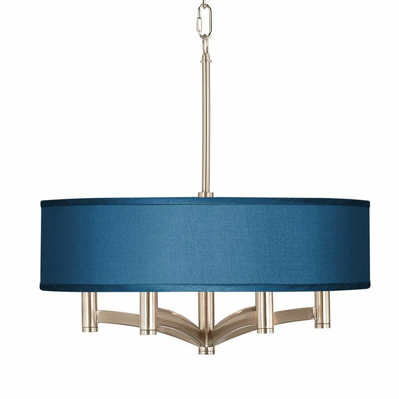 Blue Faux Silk Ava 6-Light Nickel Pendant Chandelier 3 Blue Faux Silk Ava 6-Light Nickel Pendant Chandelier