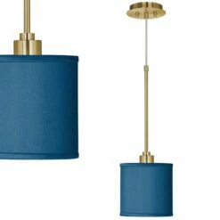 Blue Faux Silk Giclee Gold Mini Pendant Light