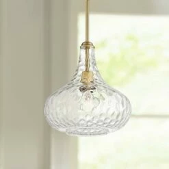 Cora 11" Wide Plated Gold Hammered Glass Mini Pendant