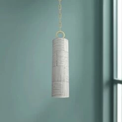 EBrookville 5" Wide Aged Brass Pendant Light With Stripe Ceramic