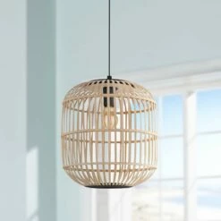 Eglo Bordesley 13 3/4" Wide Black And Natural Wood Pendant Light