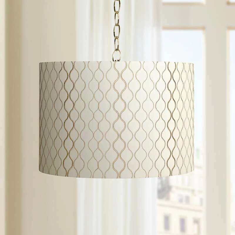 Embroidered Hourglass 16"W Brass Shaded Pendant Light 3 Embroidered Hourglass 16"W Brass Shaded Pendant Light