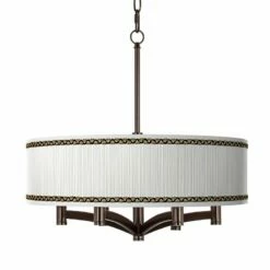 Faux Pleated Giclee Print Lamp Shade With 6-Light Bronze Pendant Chandelier