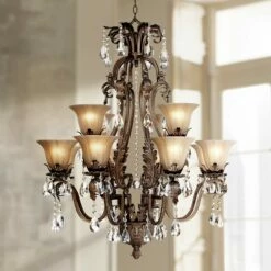 Iron Leaf 34" Wide Bronze And Crystal 12-Light Chandelier