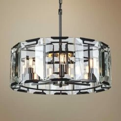 Monaco 26"W Glass Drum Matte Black Pendant Light