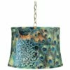 Peacock Print 16" Wide Antique Brass Shaded Pendant Light