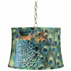 Peacock Print 16" Wide Antique Brass Shaded Pendant Light