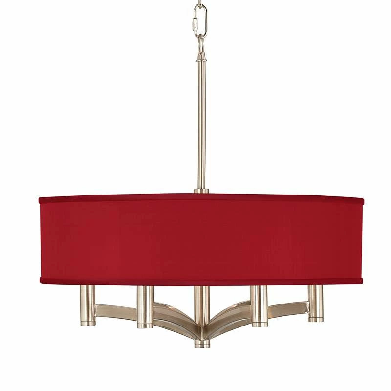 Red Textured Faux Silk Ava 6-Light Nickel Pendant Chandelier 4 Red Textured Faux Silk Ava 6-Light Nickel Pendant Chandelier - Image 2