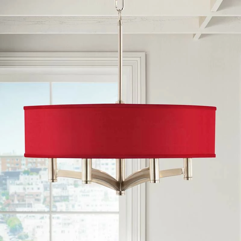 Red Textured Faux Silk Ava 6-Light Nickel Pendant Chandelier 3 Red Textured Faux Silk Ava 6-Light Nickel Pendant Chandelier
