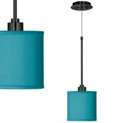 Teal Blue Faux Silk Giclee Black Mini Pendant Light