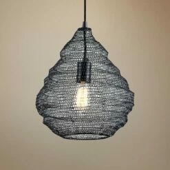 Troy Wabi Sabi 14" Wide Black Pendant Light With Black Iron Mesh Shade